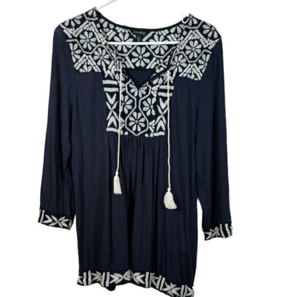 Lucky Brand Bohemian Navy Embroidered Tie V-Neck Blouse Size Large EUC #7038